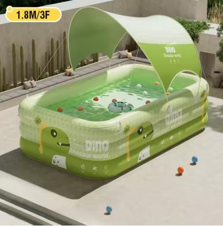 Piscine Gonflable Enfant XXL 180 cm avec Pare-Soleil – Aire de Jeux Dino