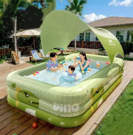 Piscine Gonflable Enfant XXL 180 cm avec Pare-Soleil – Aire de Jeux Dino
